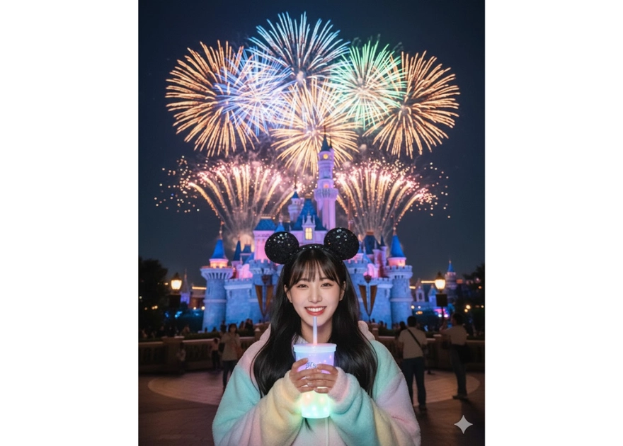 Chụp hình đêm tuyệt đẹp tại Disneyland với cô gái vui tươi bên lâu đài ánh sáng