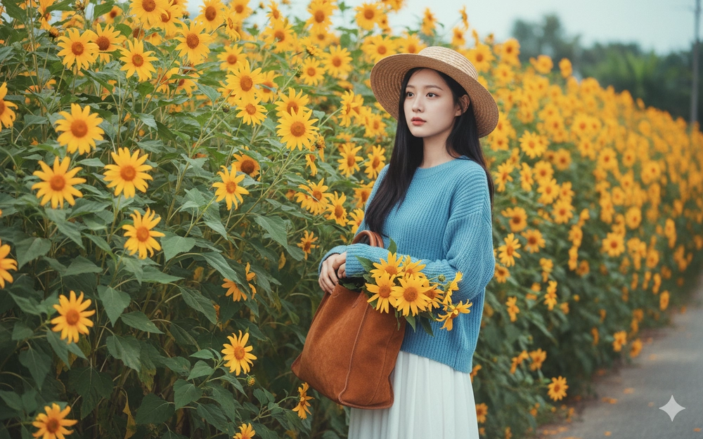 Nữ sinh Việt bên hoa dã quỳ rực rỡ trong khung cảnh yên bình ngoài trời