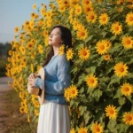 Cô gái bên hoa dã quỳ tỏa sáng giữa ánh nắng hè và bầu trời xanh