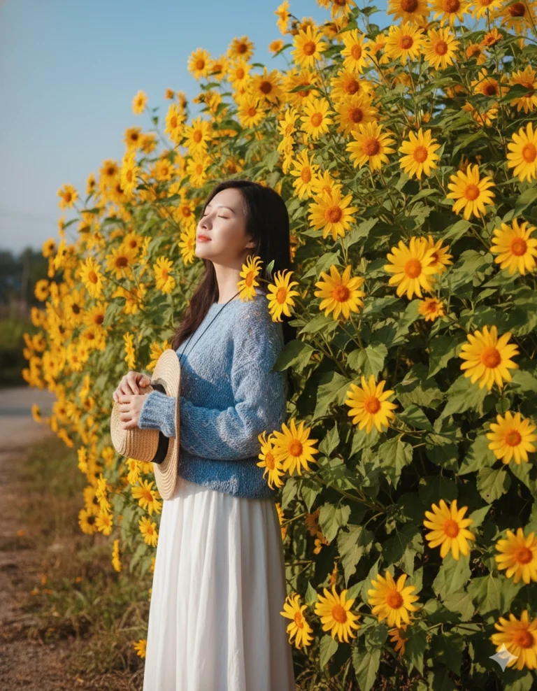 Cô gái bên hoa dã quỳ tỏa sáng giữa ánh nắng hè và bầu trời xanh