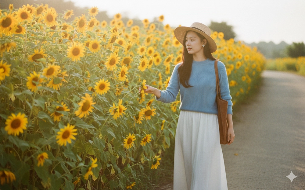 Dạo bộ giữa cánh đồng hoa dã quỳ rực rỡ và bình yên cùng nàng gái Việt trẻ trung
