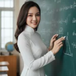 Giáo viên xinh đẹp trong áo dài truyền thống giữa lớp học toán đầy sáng tạo