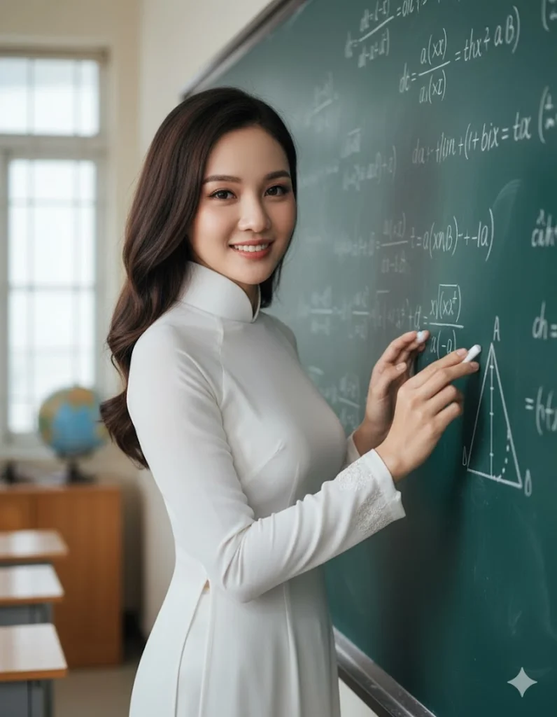 Giáo viên xinh đẹp trong áo dài truyền thống giữa lớp học toán đầy sáng tạo