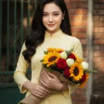 Ảnh chân dung cô gái Việt Nam trong áo dài với hoa tươi đầy sắc màu giữa ánh hoàng hôn