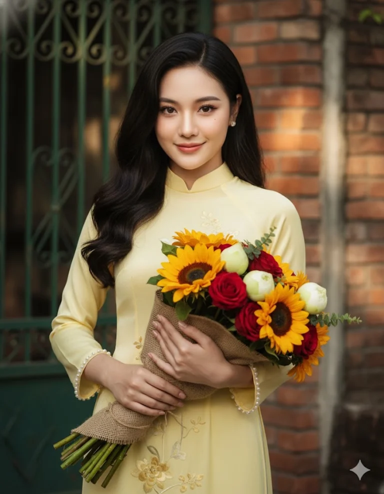 Ảnh chân dung cô gái Việt Nam trong áo dài với hoa tươi đầy sắc màu giữa ánh hoàng hôn