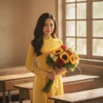 Chân dung cô gái Việt trong áo dài vàng giữa ánh sáng vàng huyền ảo