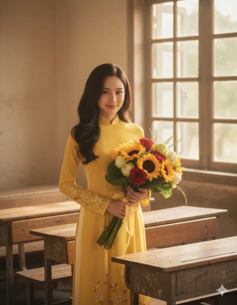 Chân dung cô gái Việt trong áo dài vàng giữa ánh sáng vàng huyền ảo