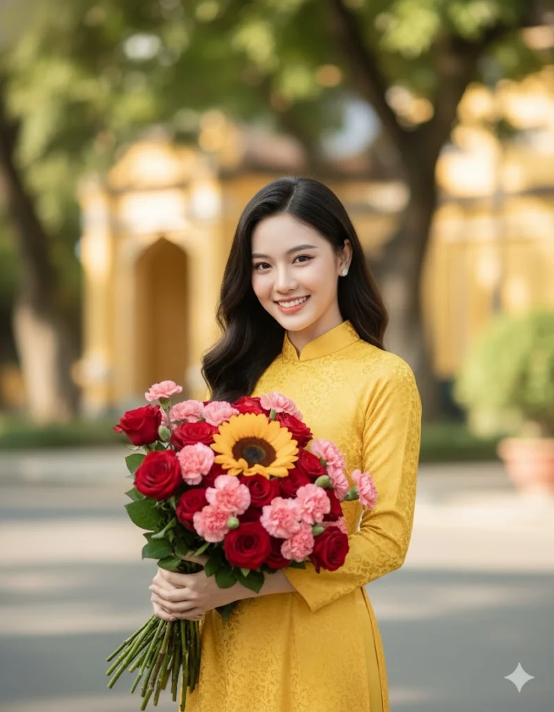 Chân dung cô gái Việt trong áo dài với hoa rực rỡ giữa thiên nhiên tuyệt đẹp