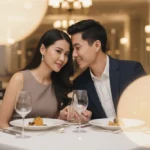 Chân dung cặp đôi thanh lịch trong không gian ấm cúng của nhà hàng cao cấp