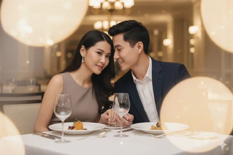 Chân dung cặp đôi thanh lịch trong không gian ấm cúng của nhà hàng cao cấp