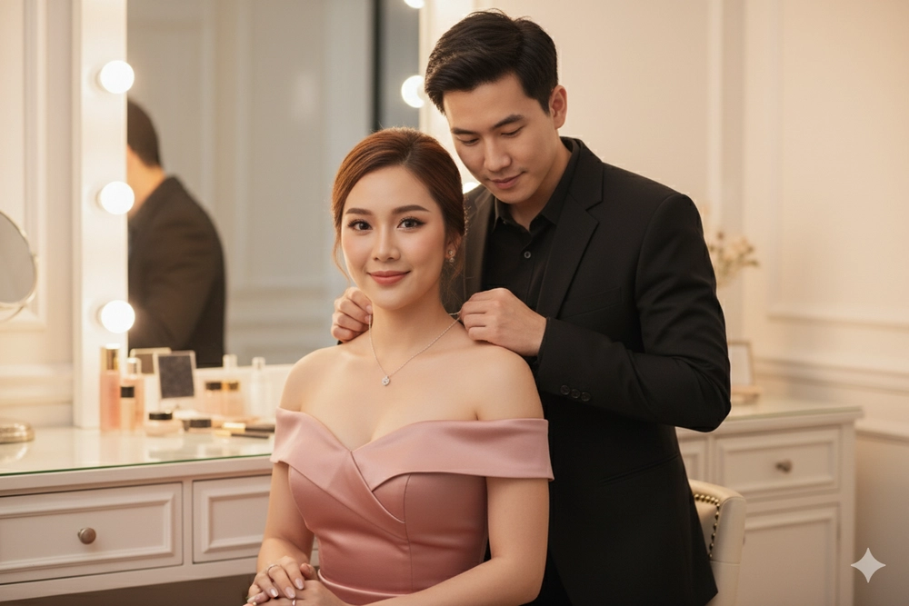Chân dung couple trẻ tuổi trong khoảnh khắc tinh tế tại phòng trang điểm sang trọng
