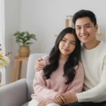 Hình ảnh lãng mạn của cặp đôi trong không gian ấm cúng và dịu dàng