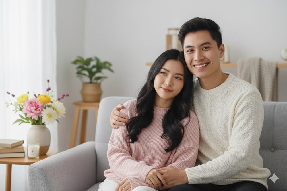 Hình ảnh lãng mạn của cặp đôi trong không gian ấm cúng và dịu dàng