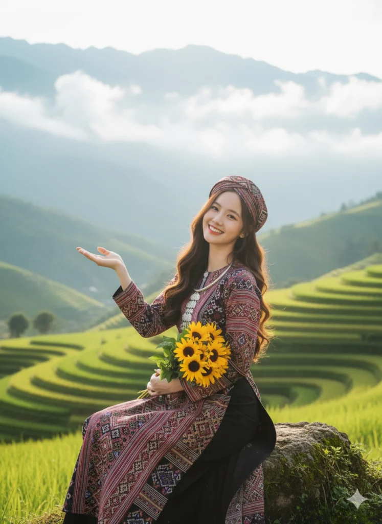 Chụp ảnh 8K tuyệt đẹp giữa ruộng bậc thang Sapa với áo dài thổ cẩm và hoa dã quỳ rực rỡ