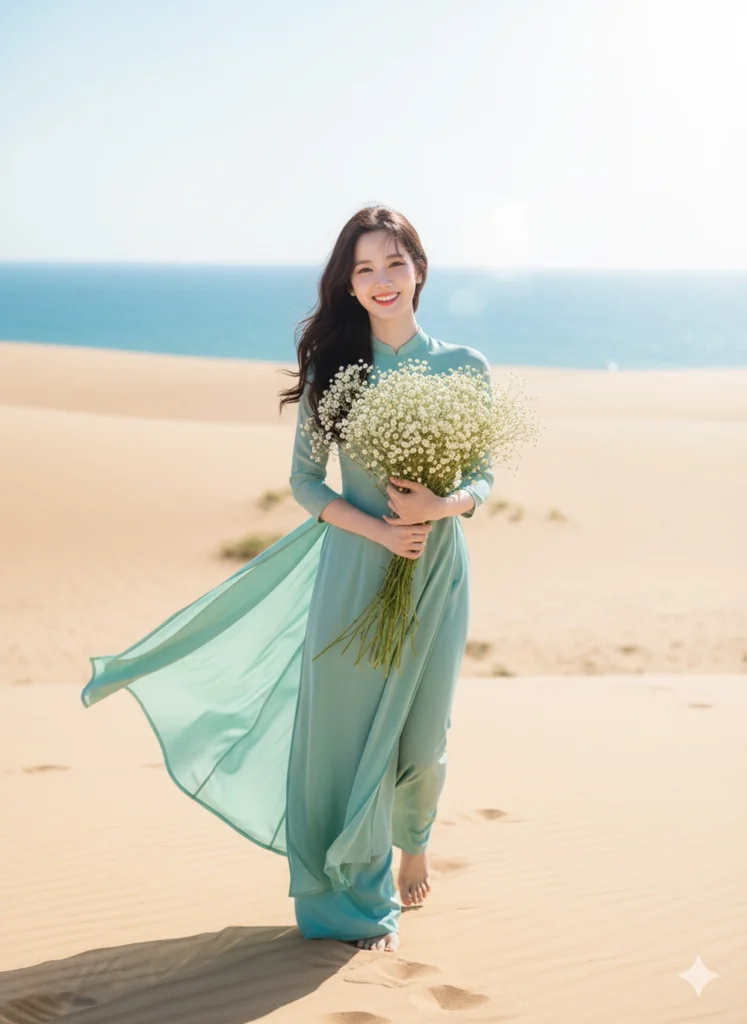 Tỏa sáng giữa đồi cát vàng với cô gái tóc xoăn và nụ cười rạng rỡ trong áo dài xanh