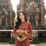 Bức ảnh cô gái duyên dáng bên tháp Chăm với nụ cười rực rỡ trong trang phục áo dài đỏ