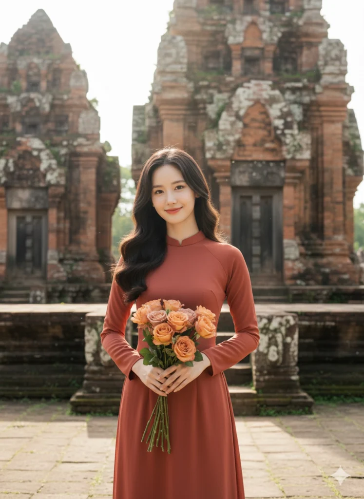 Bức ảnh cô gái duyên dáng bên tháp Chăm với nụ cười rực rỡ trong trang phục áo dài đỏ