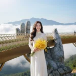 Cô gái tỏa sáng trên Cầu Vàng với nụ cười rạng rỡ và trang phục áo dài trắng nổi bật