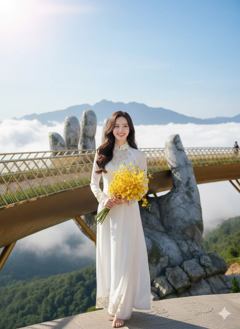 Cô gái tỏa sáng trên Cầu Vàng với nụ cười rạng rỡ và trang phục áo dài trắng nổi bật