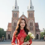 Chụp mẫu áo dài gấm đỏ bên Nhà thờ Đức Bà Sài Gòn bức ảnh hoàn hảo 8k