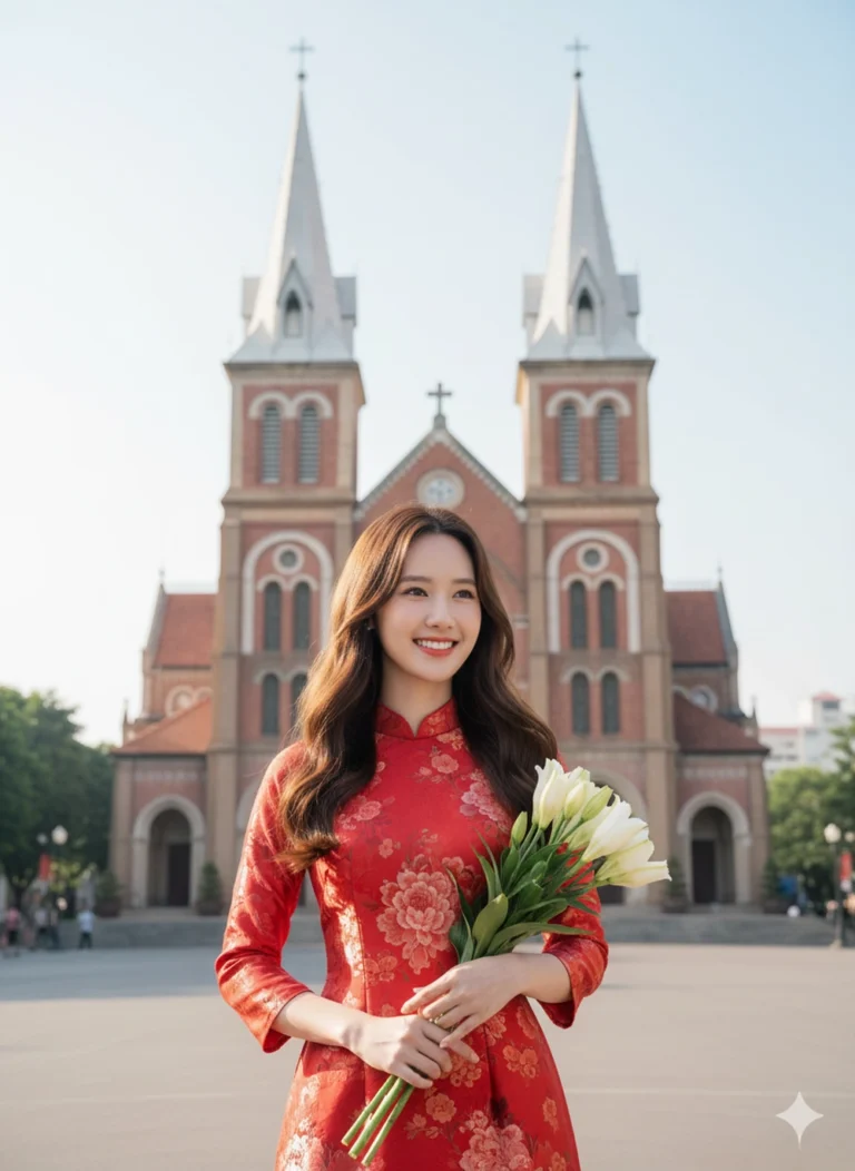 Chụp mẫu áo dài gấm đỏ bên Nhà thờ Đức Bà Sài Gòn bức ảnh hoàn hảo 8k