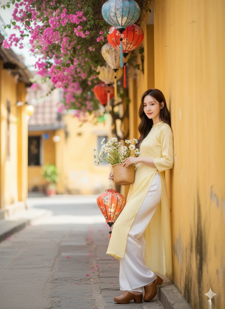 Tạo ảnh 8k tại Hội An với áo dài vàng và nụ cười hiền hậu giữa hoa giấy rực rỡ