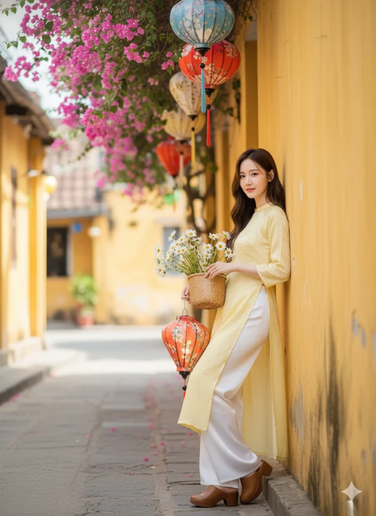 Tạo ảnh 8k tại Hội An với áo dài vàng và nụ cười hiền hậu giữa hoa giấy rực rỡ