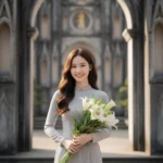 Cô Gái Xinh Đẹp Với Nụ Cười Rạng Rỡ Giữa Bối Cảnh Tháp Phước Duyên Tươi Sáng