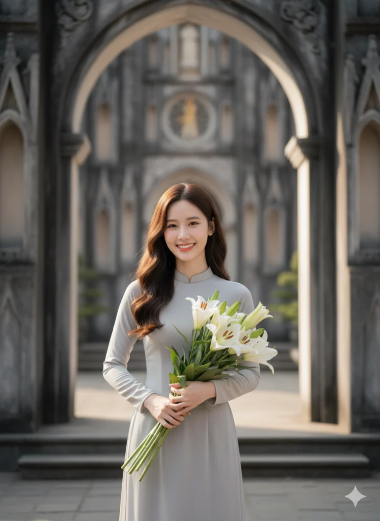 Cô Gái Xinh Đẹp Với Nụ Cười Rạng Rỡ Giữa Bối Cảnh Tháp Phước Duyên Tươi Sáng