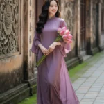 Ảnh 8K đẹp mê hồn bên nền gạch rêu phong Đại Nội Huế với áo dài tím và hoa sen hồng