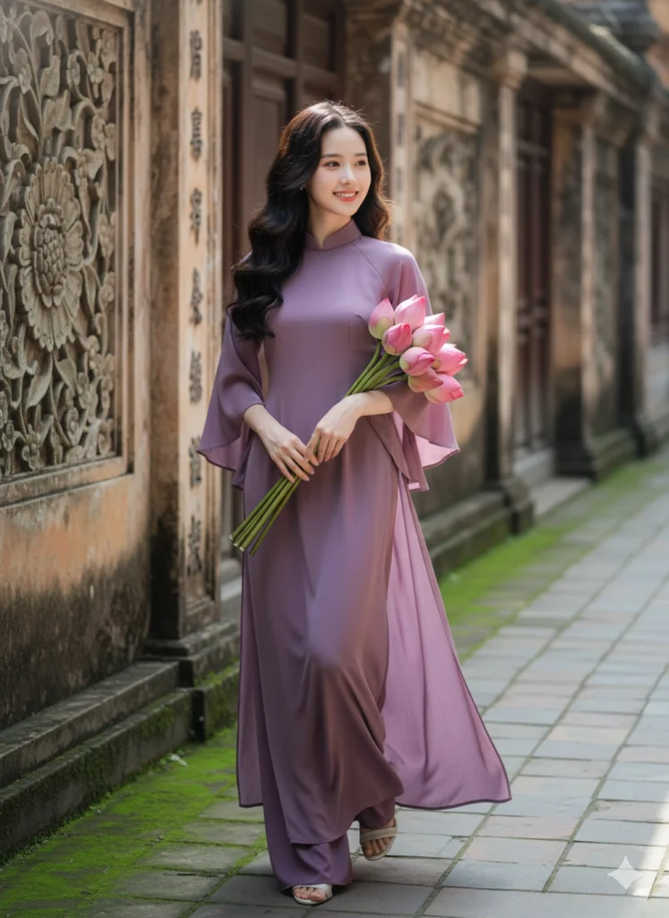 Ảnh 8K đẹp mê hồn bên nền gạch rêu phong Đại Nội Huế với áo dài tím và hoa sen hồng