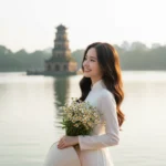 Cô gái Hà Nội tươi tắn bên Tháp Rùa với nụ cười rạng rỡ trong bức ảnh 8k tuyệt đẹp
