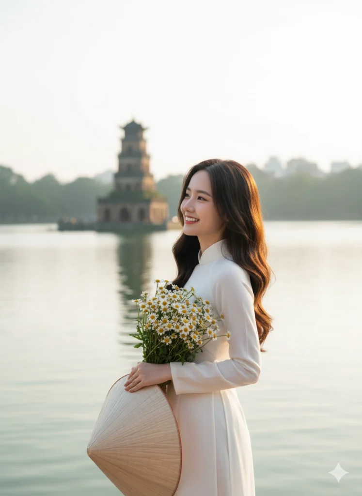Cô gái Hà Nội tươi tắn bên Tháp Rùa với nụ cười rạng rỡ trong bức ảnh 8k tuyệt đẹp
