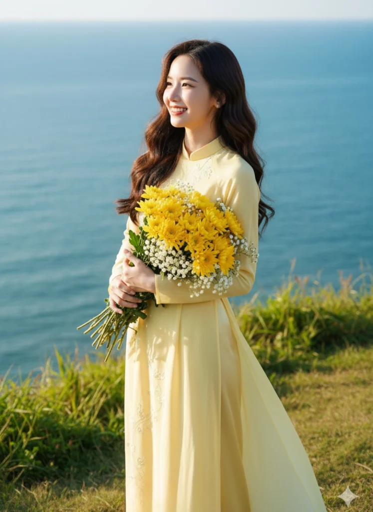 Cô gái tóc xoăn bồng bềnh trong nắng vàng nơi Gành Ông Phú Yên tươi sáng và rạng rỡ