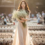 Ảnh chụp phong cách gốm sứ Bát Tràng với áo dài và hoa baby tươi sáng 8k