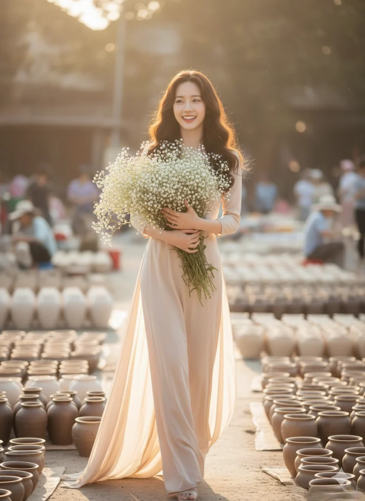 Ảnh chụp phong cách gốm sứ Bát Tràng với áo dài và hoa baby tươi sáng 8k