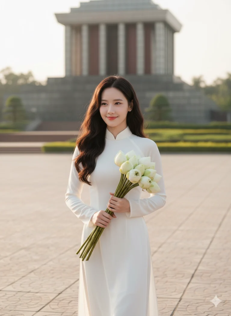 Chụp ảnh chất lượng 8k với áo dài và hoa sen tại quảng trường Ba Đình