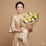 Chân dung sắc nét của phụ nữ trung niên với hoa tươi thắm trong trang phục sang trọng