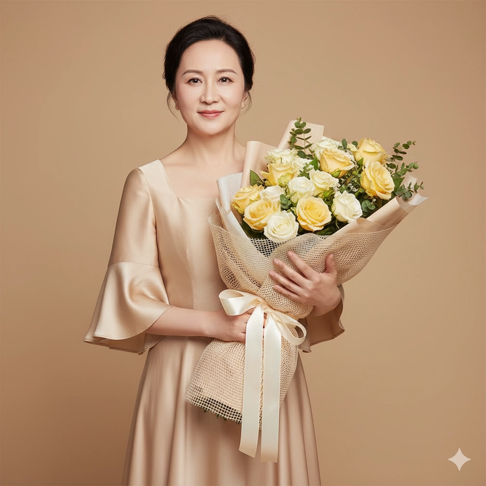 Chân dung sắc nét của phụ nữ trung niên với hoa tươi thắm trong trang phục sang trọng