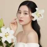 Nét dịu dàng của người phụ nữ 30 tuổi trong trang phục hiện đại và hoa huệ trắng