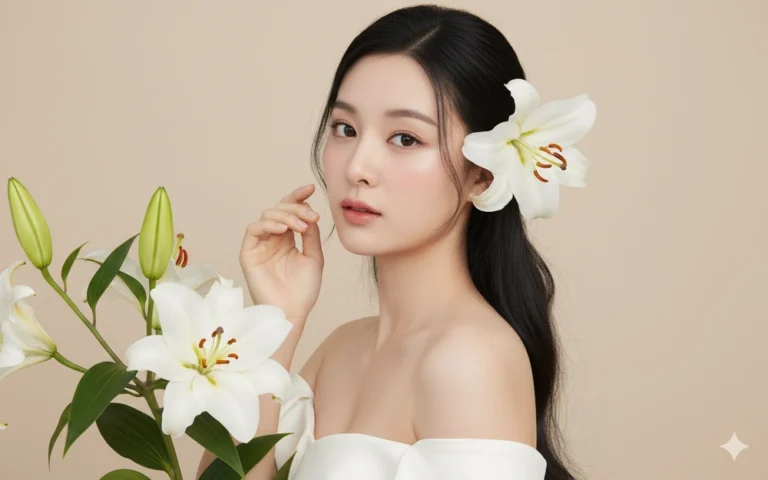 Nét dịu dàng của người phụ nữ 30 tuổi trong trang phục hiện đại và hoa huệ trắng