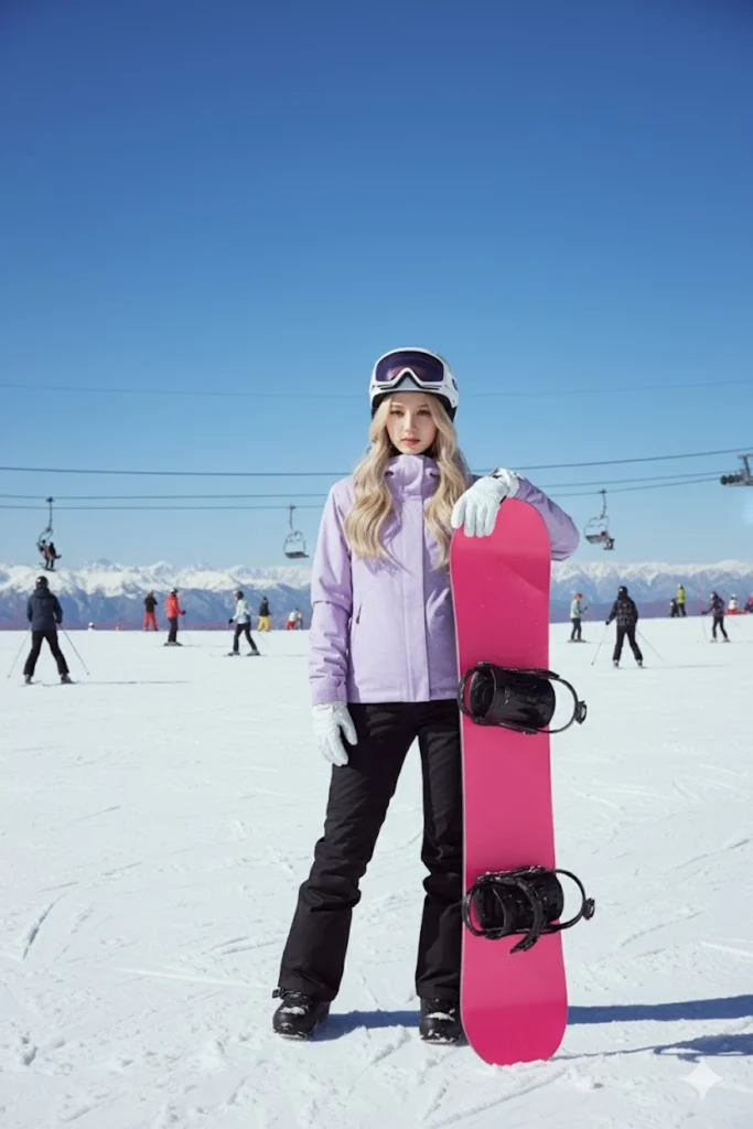 Chụp ảnh thời trang ngoài trời với cô gái trượt tuyết trên sườn núi tuyệt đẹp