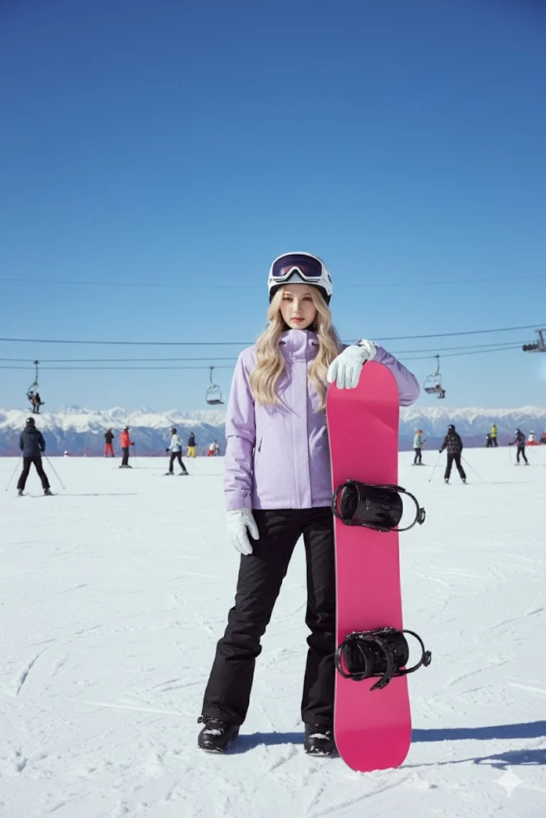 Chụp ảnh thời trang ngoài trời với cô gái trượt tuyết trên sườn núi tuyệt đẹp