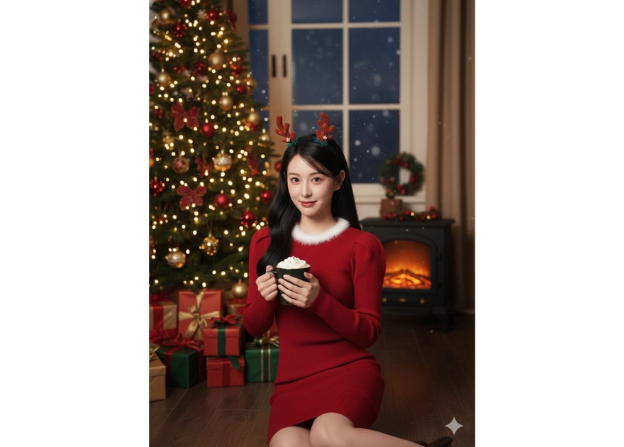 Chân dung Giáng Sinh ấm cúng cùng cô gái trong không gian đầy sắc màu lễ hội