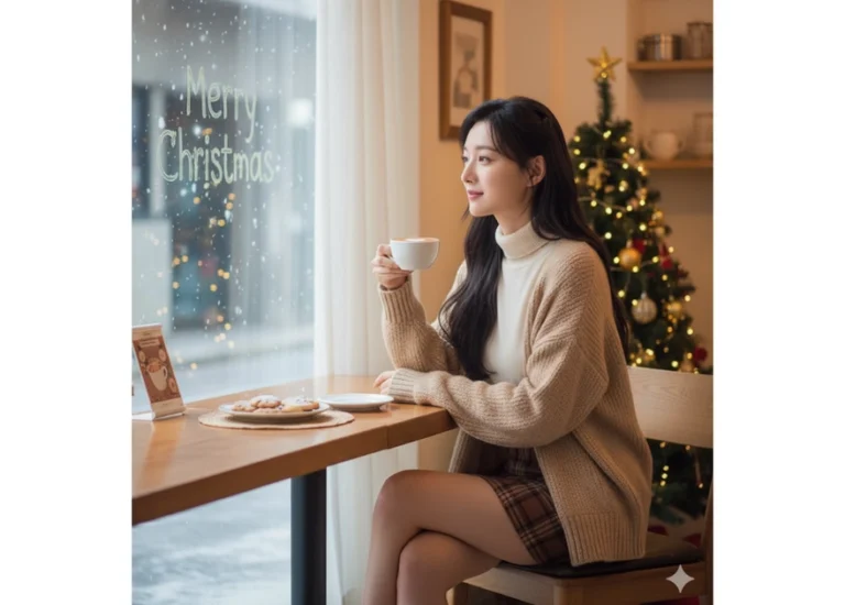 Cô gái mùa đông trong quán café Hàn Quốc đầy yên bình và ấm áp giữa không gian Giáng Sinh