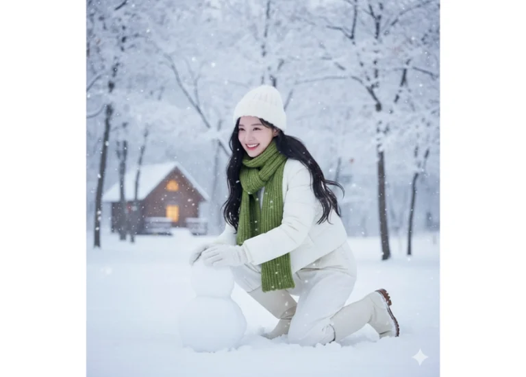Chân dung cô gái vui vẻ trong mùa đông tuyết trắng giữa không gian thanh bình