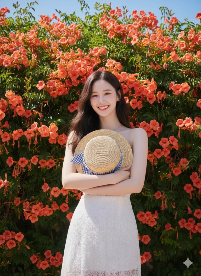 Người đẹp giữa bức tường hoa vọng sắc màu ngày hè tươi sáng