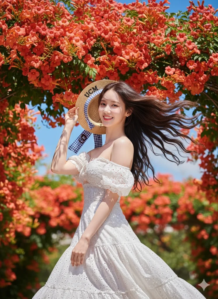 Nàng thơ giữa vườn hoa màu cam và bầu trời xanh sống động dịu dàng mùa hè