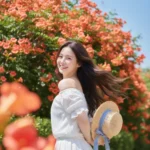 Nàng thơ mùa hè dưới những bông hoa trumpet rực rỡ sắc màu