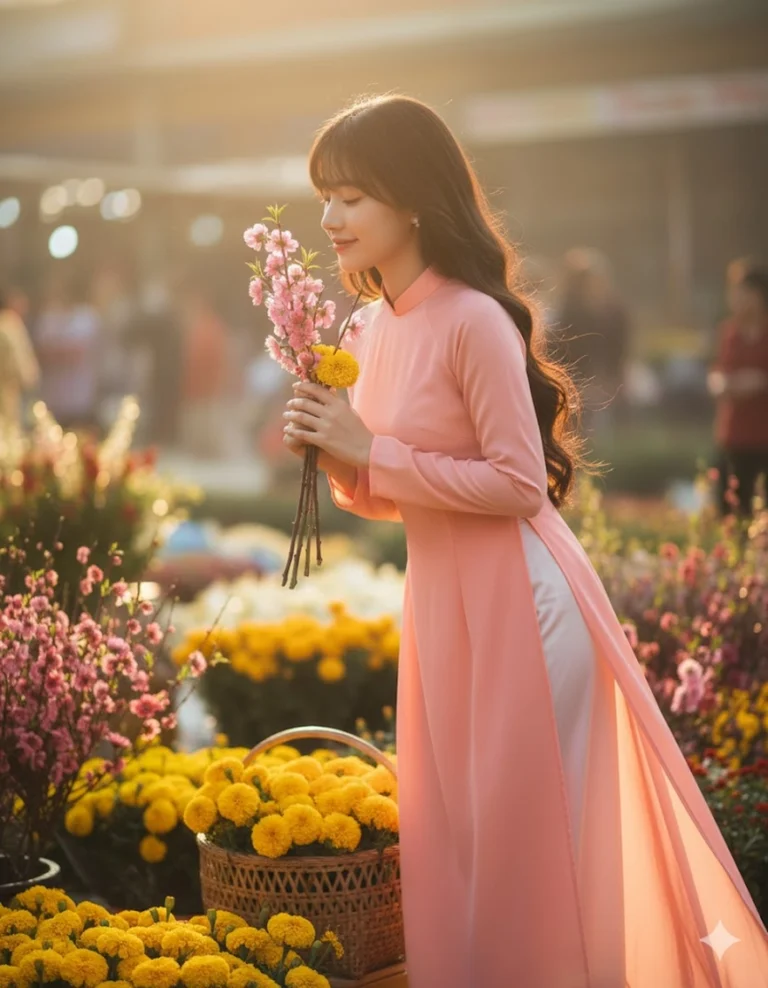 Nét đẹp áo dài hồng san hô giữa chợ hoa Tết rực rỡ sắc xuân